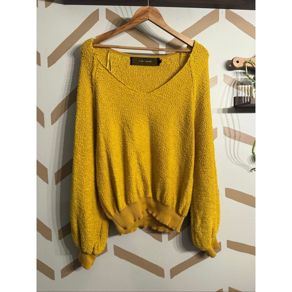 Code X Mode Mustard Yellow Knit Textured Blouson V-Neck Pullover‎ Sweater Small